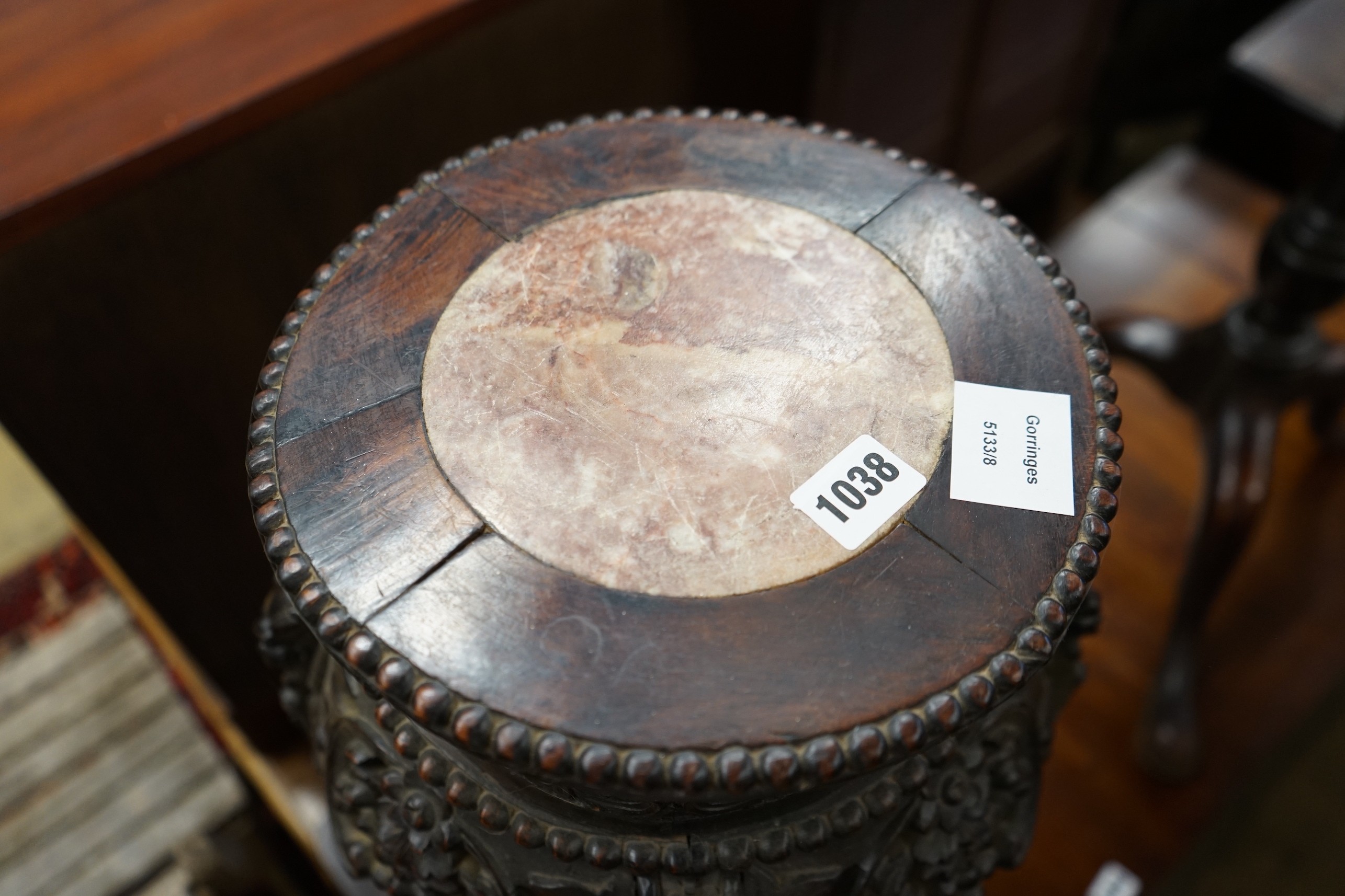 A Chinese carved hardwood marble topped vase stand, width 30cm, height 66cm